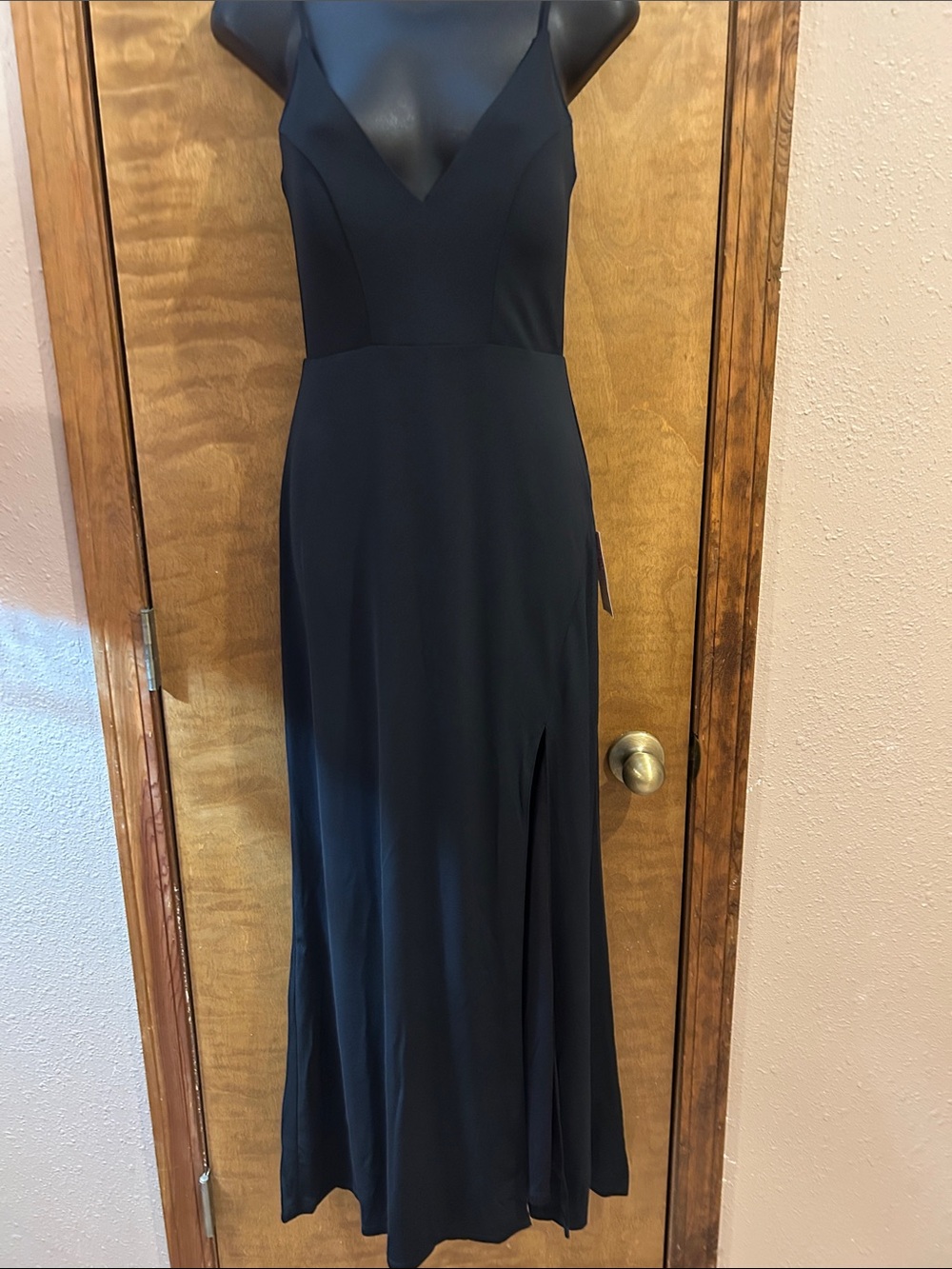 VENUS Black V-Neck Spaghetti-Strap Evening Gown